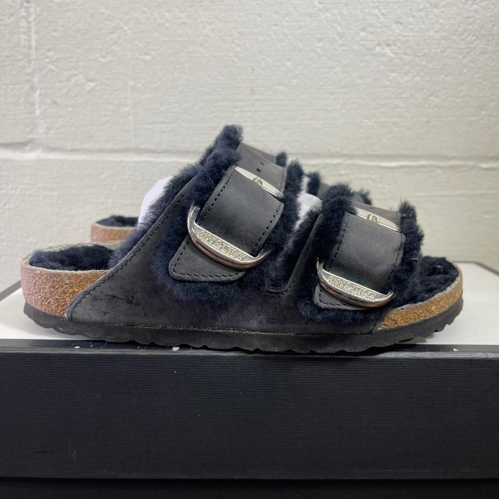 Birkenstock Arizona Big Buckle Black‎ Shearling Sandals Slides Womens 36 EU/5 US